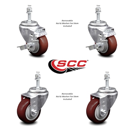 Service Caster 3 Inch Maroon Polyurethane Swivel 10mm Threaded Stem Caster Brakes SCC, 2PK SCC-TS20S314-PPUB-MRN-TLB-M1015-2-S2
